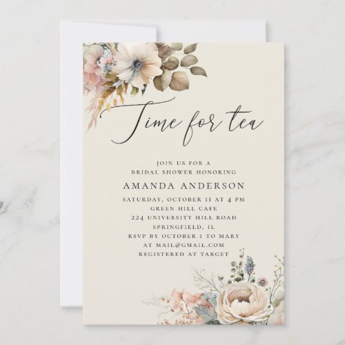 Time for tea Elegant boho floral bridal shower Invitation