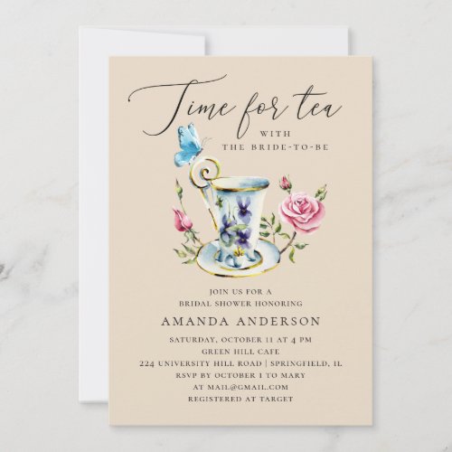 Time for tea Elegant ivory floral bridal shower Invitation
