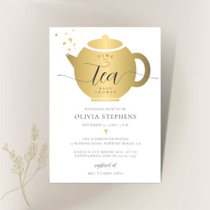 Time for Tea Elegant Modern Gold Heart Baby Shower Invitation