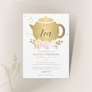 Time for Tea Elegant Modern Gold Roses Baby Shower Invitation