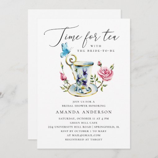 Time for tea. Elegant script floral bridal shower Invitation | Zazzle