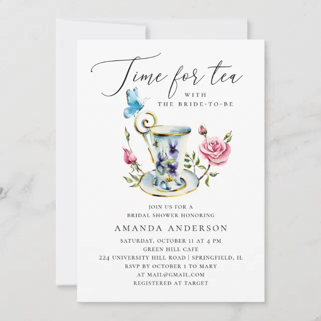 Time For Tea. Elegant Script Floral Bridal Shower Invitation 