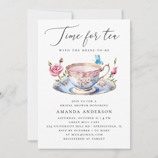 Time for tea. Elegant script floral bridal shower Invitation | Zazzle