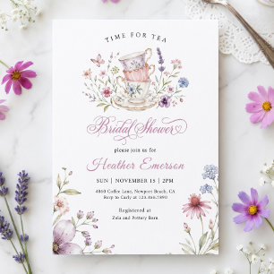 Time for Tea Elegant Teacup Purple Watercolor Invitation