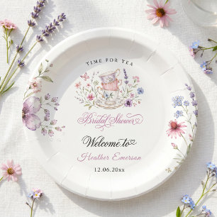 Time for Tea Elegant Teacup Purple Watercolor Paper Plates
