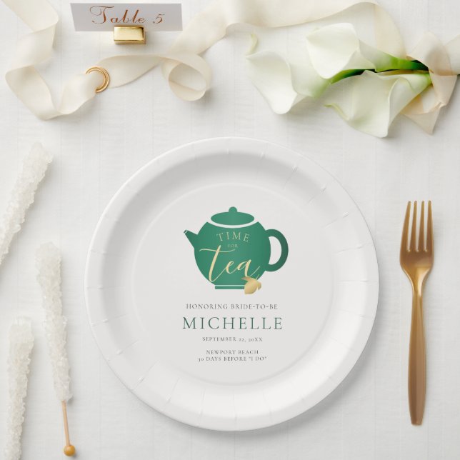Time for Tea Emerald Gold Elegant Bridal Shower Paper Plates (Wedding)