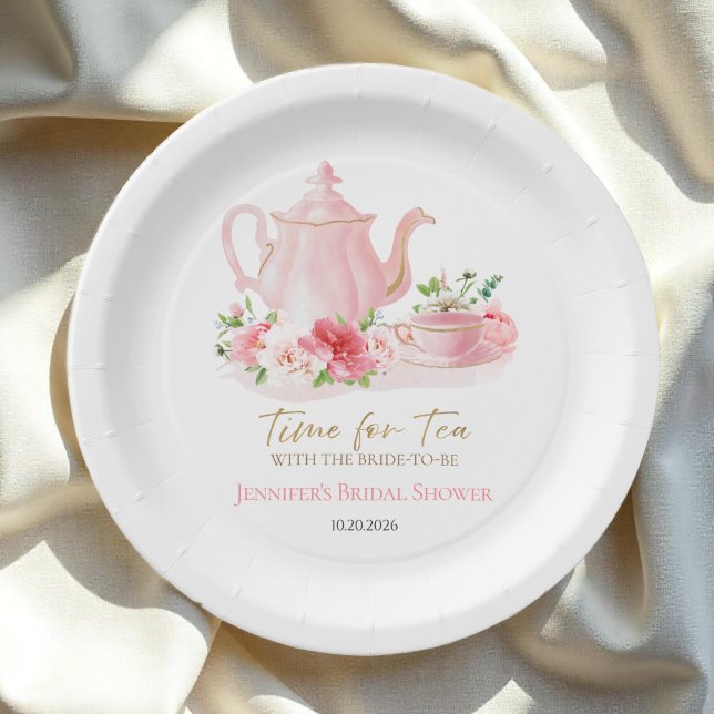 Time for Tea | Gilded Pink Bridal Shower Paper Plates (Creator Uploaded)