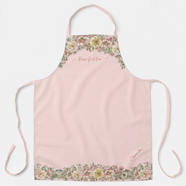Time for Tea Girly Blush Pink Floral Name Monogram Apron (Front)