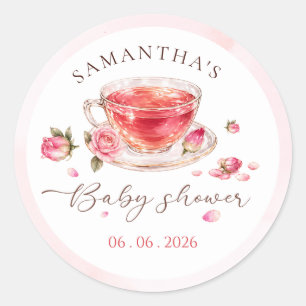 Time for tea glass teacup roses baby shower classic round sticker