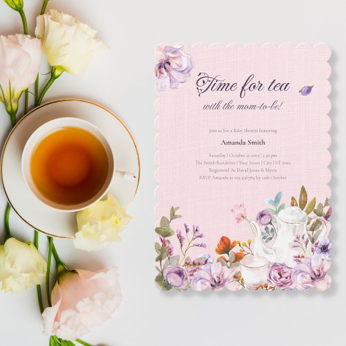 Time For Tea Party Watercolor Flowers Baby Shower Invitation