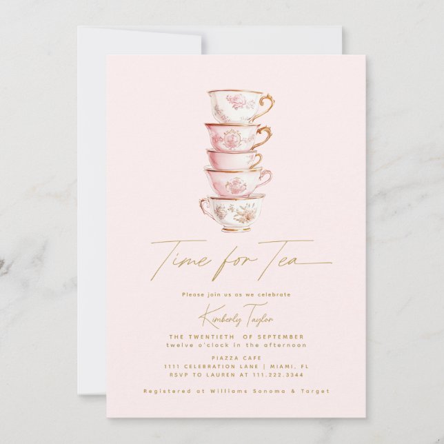 Time for Tea Pink Chinoiserie Bridal Shower Party Invitation (Front)