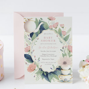 Time for Tea Pink Floral Baby Shower Invitation