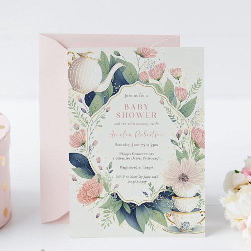 Time for Tea Pink Floral Baby Shower Invitation