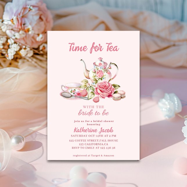Time for Tea Pink Floral Tea Party Bridal Shower  Invitation (Creator Uploaded)