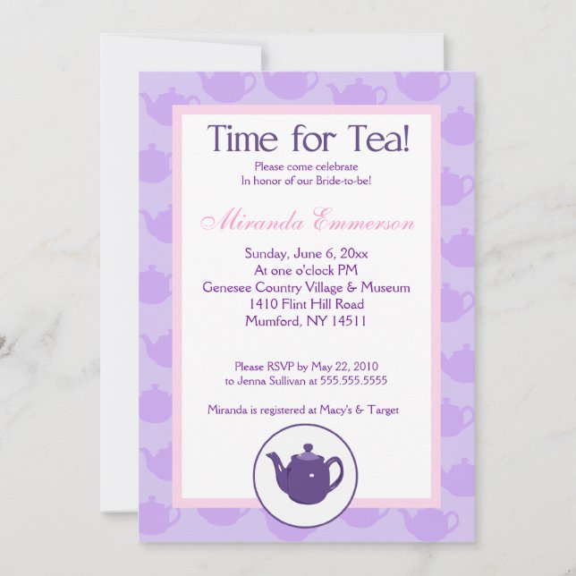 Time for Tea Teapot (Purple) Bridal Shower 5x7 Invitation (Front)