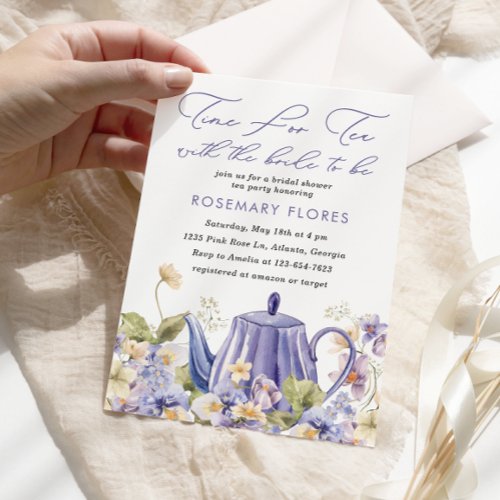 Time For Tea Teapot Purple Floral Bridal Shower Invitation