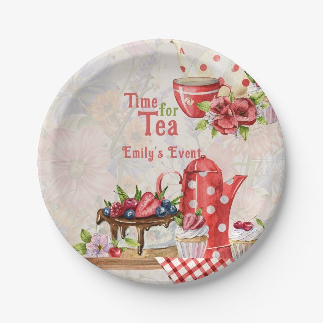 Time for Tea! Vintage Retro Afternoon Tea Party Paper Plates (Front)