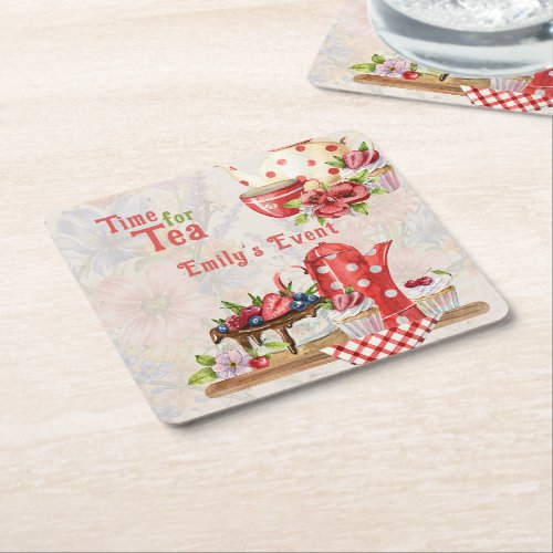 Time for Tea Vintage Retro Afternoon Tea Party Square Paper Coaster