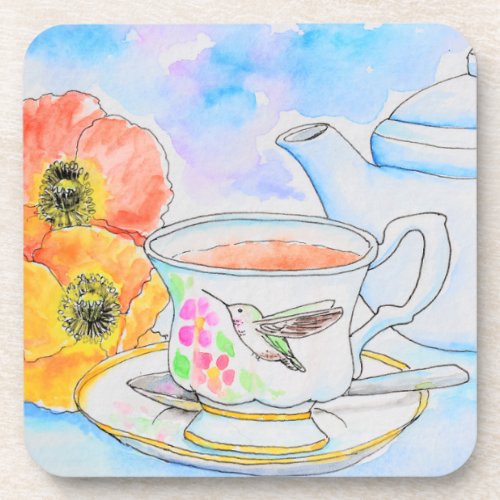 Time for Tea Watercolor Painting Beverage Coaster