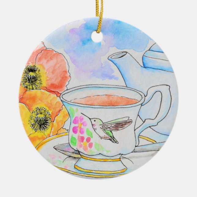 Time for Tea Watercolor Painting Ceramic Ornament (Front)