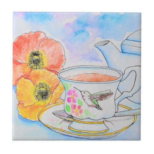 Time for Tea Watercolor Painting Ceramic Tile