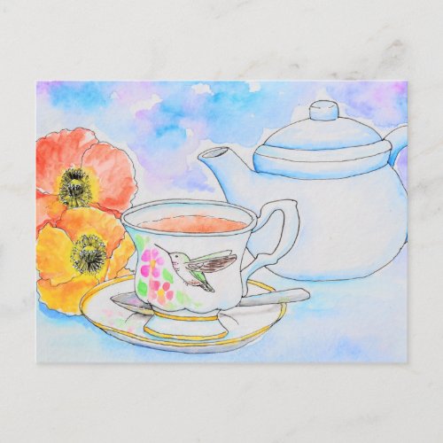 Time for Tea Watercolor Painting Postcard