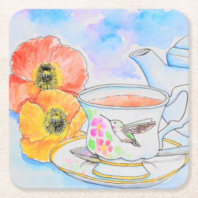 Time for Tea Watercolor Painting Square Paper Coaster (Front)