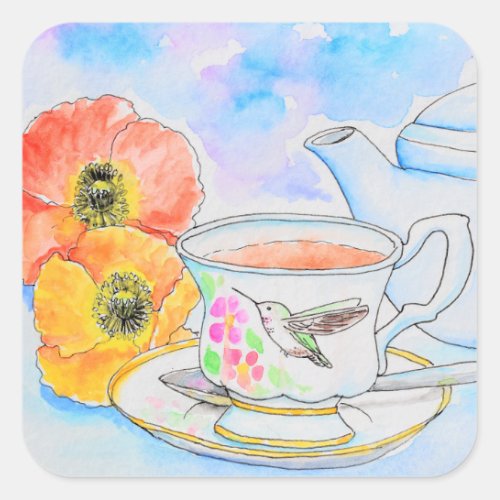 Time for Tea Watercolor Painting Square Sticker