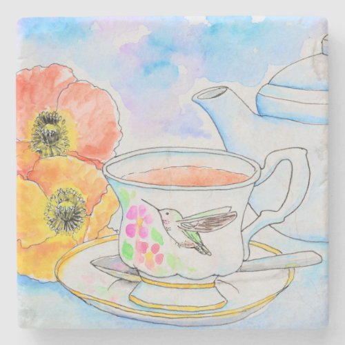 Time for Tea Watercolor Painting Stone Coaster