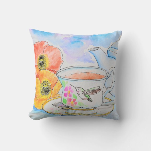 Time for Tea Watercolor Painting Throw Pillow (Front)