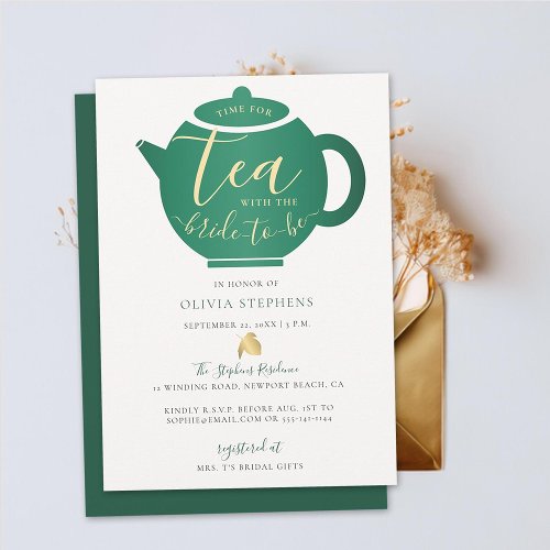 Time for Tea with Bride Emerald Gold Bridal Shower Invitation