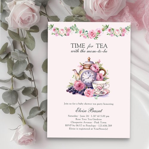 Time for Tea with Mom_to_Be Pink Baby Shower Invitation