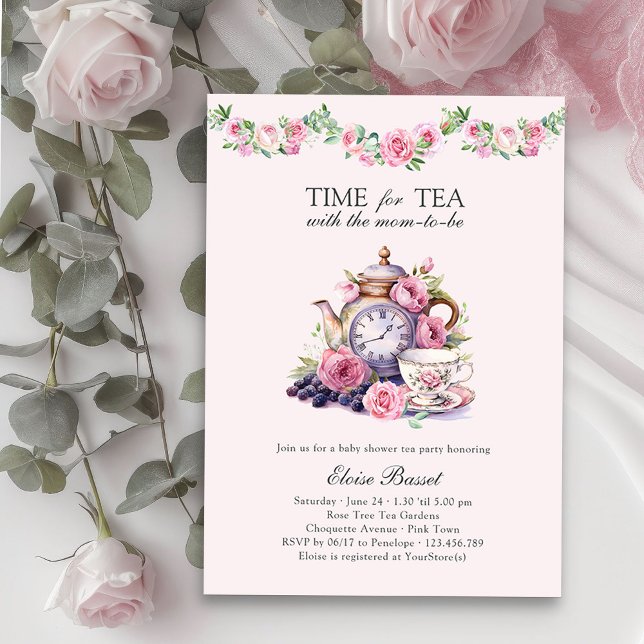 Time for Tea with Mom-to-Be Pink Baby Shower Invitation (Time for Tea Baby Shower Invitation Vintage Tea Party Baby Shower Collection)