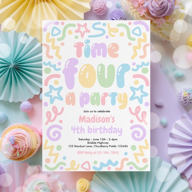 Time Four A Party Confetti Balloon 4th Birthday  Invitation (Creator Uploaded)