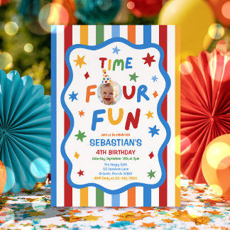 Time Four Fun Colorful Boy 4th Birthday Party Invitation