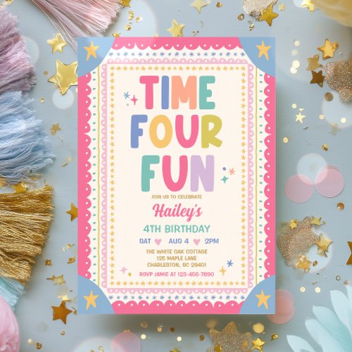 Time Four Fun Whimsical Girl 4th Birthday Party Invitation