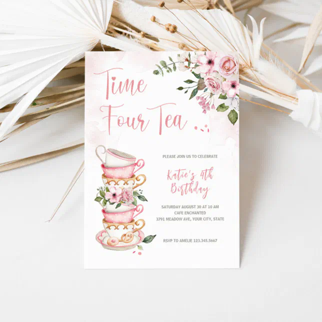Time Four Tea Invitation Time FOUR Tea 4th Birthday Invitation | Zazzle