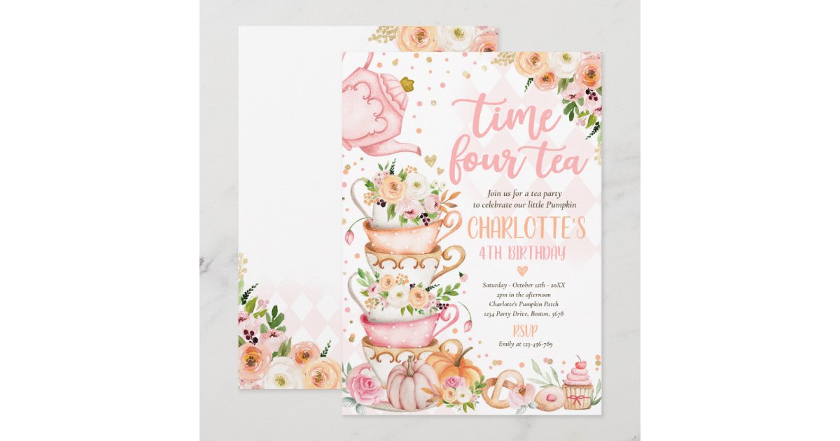 Time Four Tea Invitation Time Four Tea Birthday Party Pumpkin Autumn Floral Invitation | Zazzle