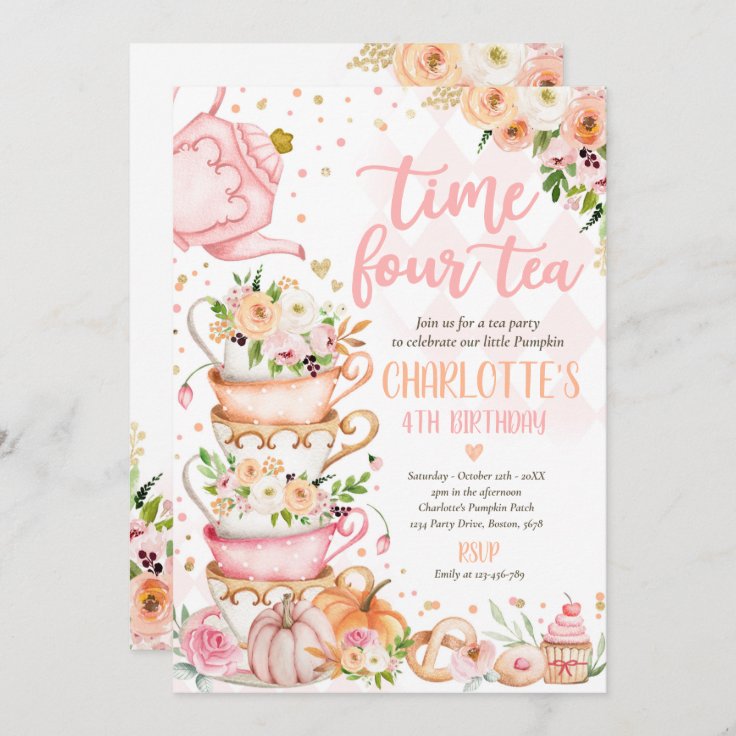 Time Four Tea Birthday Party Pumpkin Autumn Floral Invitation | Zazzle