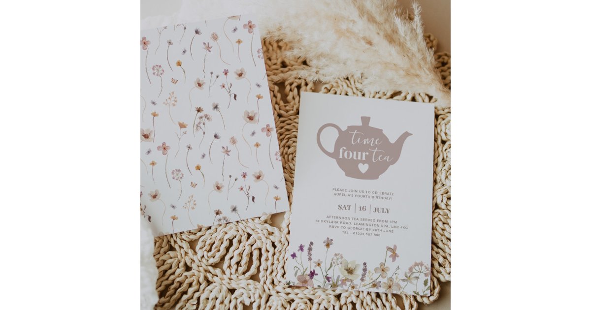 Time Four Tea Invitation Time Four Tea Floral Birthday Invitation | Zazzle