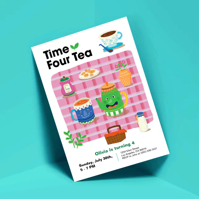 Time Four Tea Invitation Time Four Tea - Fourth Birthday Party Invitation | Zazzle