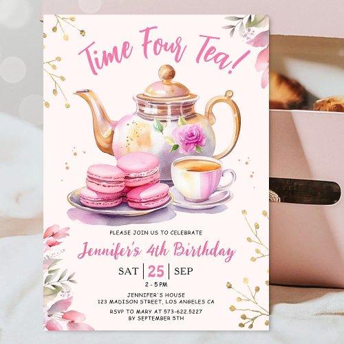 Time Four Tea Girl Pink 4th Birthday Tea Party  Invitation