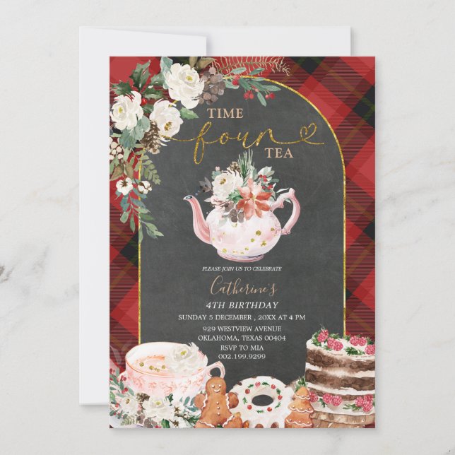Time Four Tea Party Christmas Floral 4th Birthday Invitation (Front)