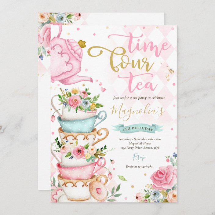 Time Four Tea Pink Floral 4th Birthday Tea ParTEA Invitation | Zazzle.com