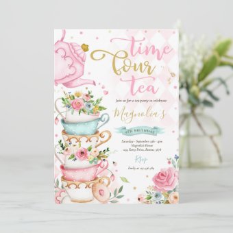 Time Four Tea Pink Floral 4th Birthday Tea ParTEA Invitation | Zazzle