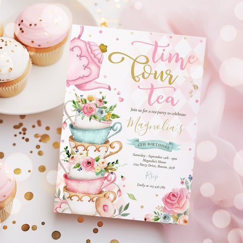 Time Four Tea Pink Floral 4th Birthday Tea ParTEA Invitation