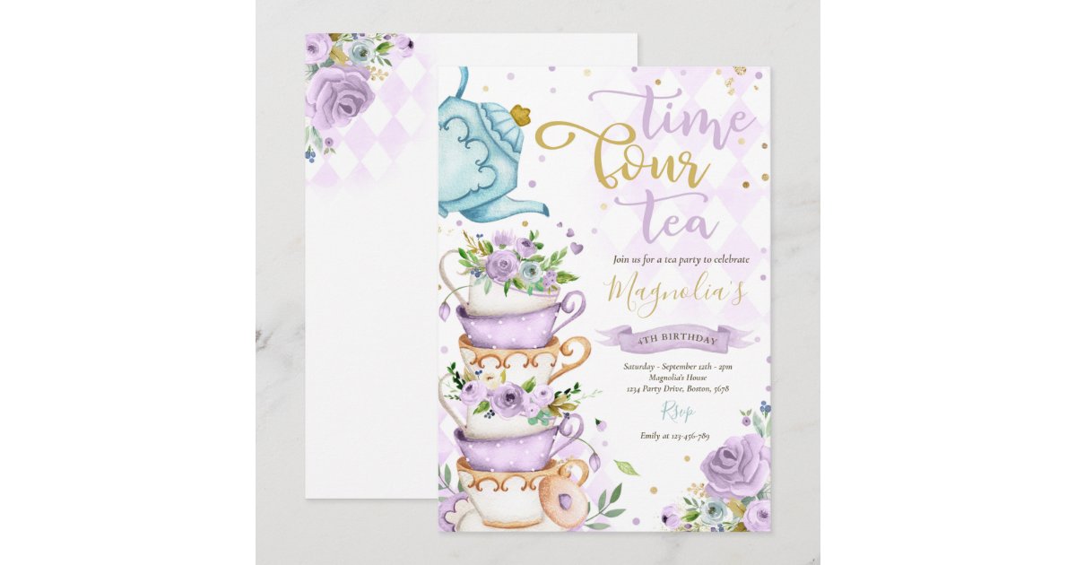 Time Four Tea Invitation Time Four Tea Purple Floral 4th Birthday ParTEA Invitation | Zazzle