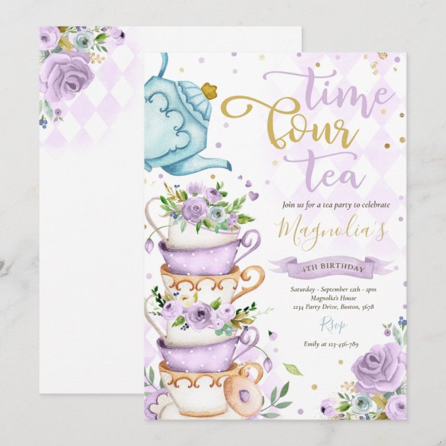 Time Four Tea Purple Floral 4th Birthday ParTEA Invitation (Front/Back)