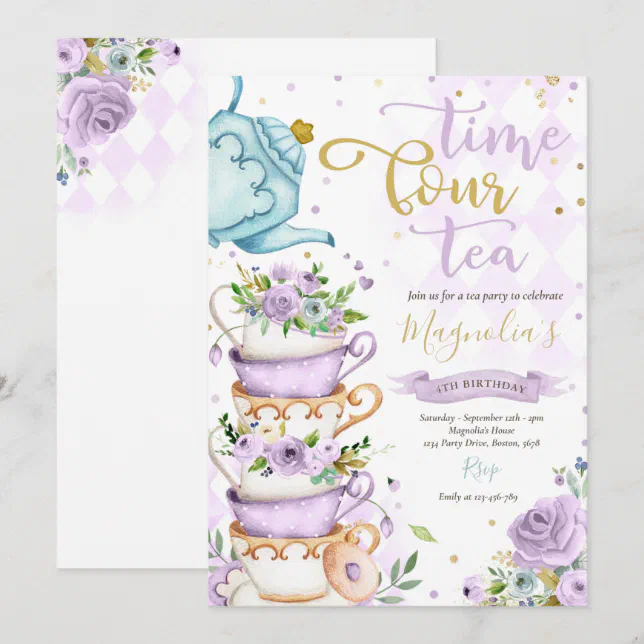 Time Four Tea Invitation Time Four Tea Purple Floral 4th Birthday ParTEA Invitation | Zazzle