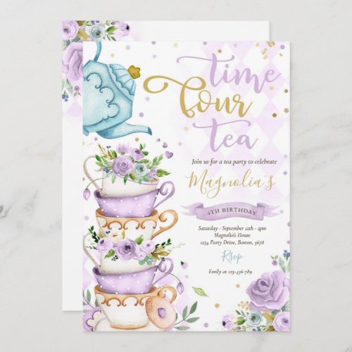 Time Four Tea Purple Floral 4th Birthday ParTEA Invitation